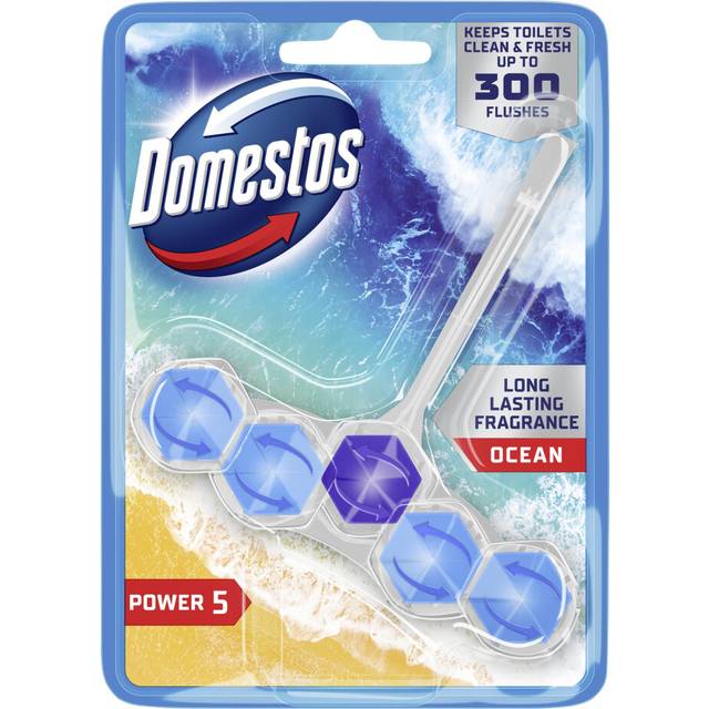 Domestos Power 5 Ocean Toilet Rim Block toilet freshener with a long-lasting fragrance cleans and freshens for up to 300 flushes 50 g