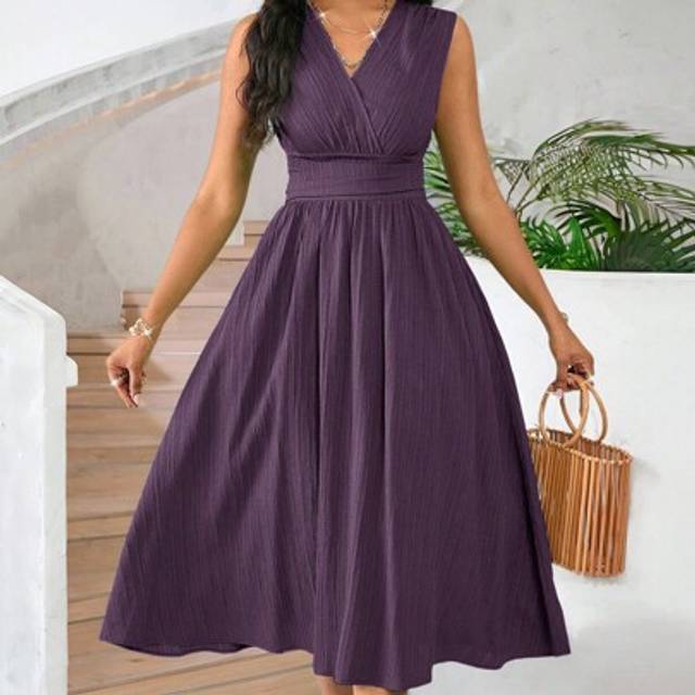 SHEIN 2025 New Holiday Dresses Mid-Length Sleeveless Summer Dress For Women Solid Color Woven Textured Fabric