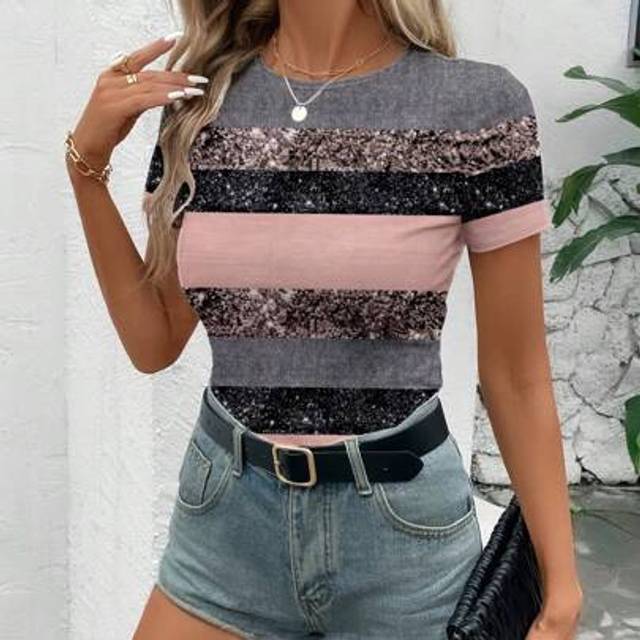 Luneh Casual Minimalist Full-Width Glitter Striped Print Pattern Women&#39;s Round Neck Slim Fit Short Sleeve T-Shirt, Suitable For Spring/Summer