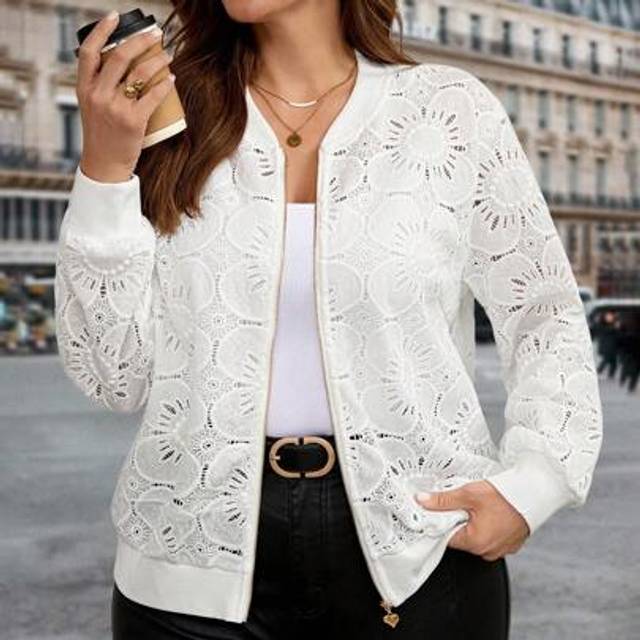 SHEIN Plus Size Women Spring Casual Lace Zip-Up Baseball Jacket White White Jacket For Women White Bomber Jacket Women Lace Bomber Jacket Fall Clothes Plus