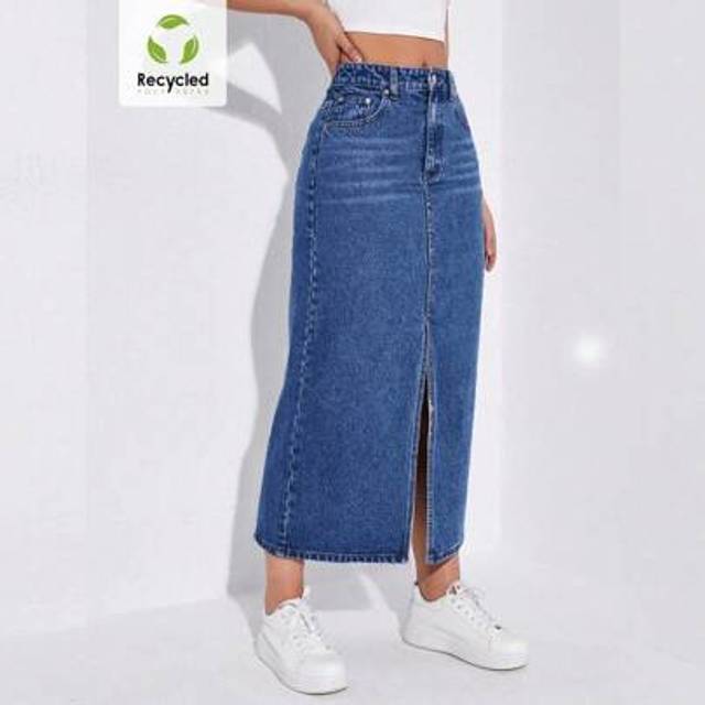SHEIN Women&#39;s Casual Washed Slit Denim Skirt Jeans Skirt For Women Long Denim Skirt Skirt With Slit Split Thigh Skirt