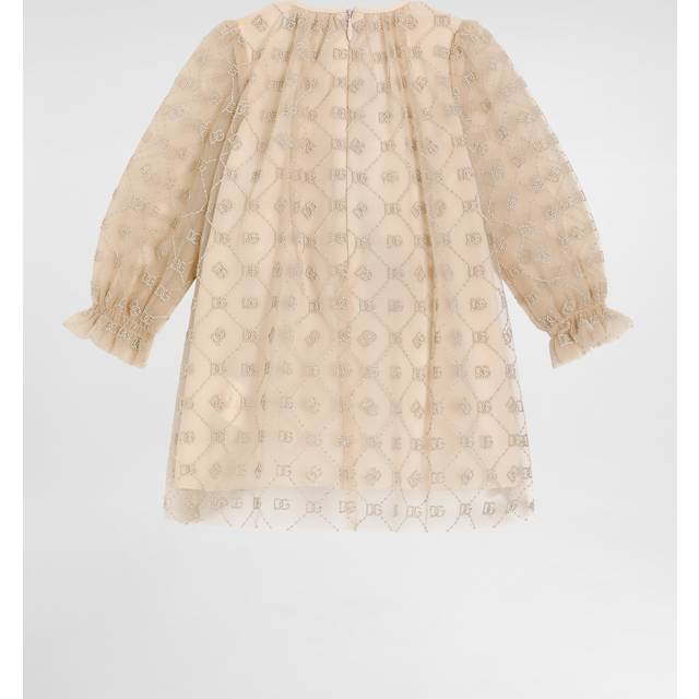Dolce & Gabbana Girls Beige & Gold Tulle Dress With Dg Embroidery - Beige/Gold - 6-9 month
