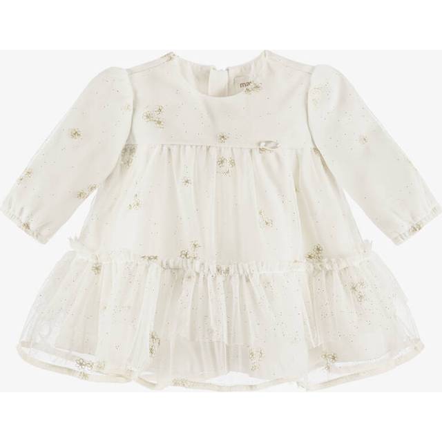 Mayoral Newborn Baby Girls Ivory & Gold Glitter Tulle Dress - 12 month