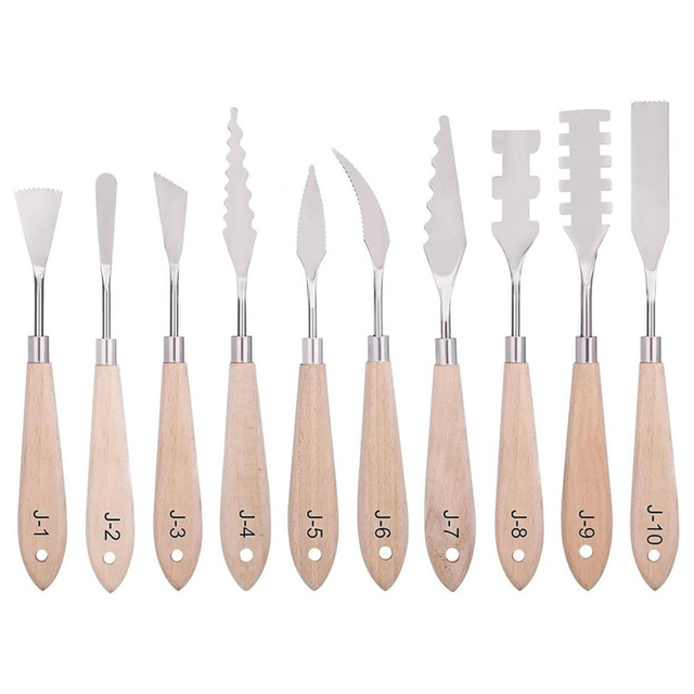 Paint Knife Set - 10Pcs Stainless Steel Spatula Palette Painting Tools Metal Knives Wood Handle