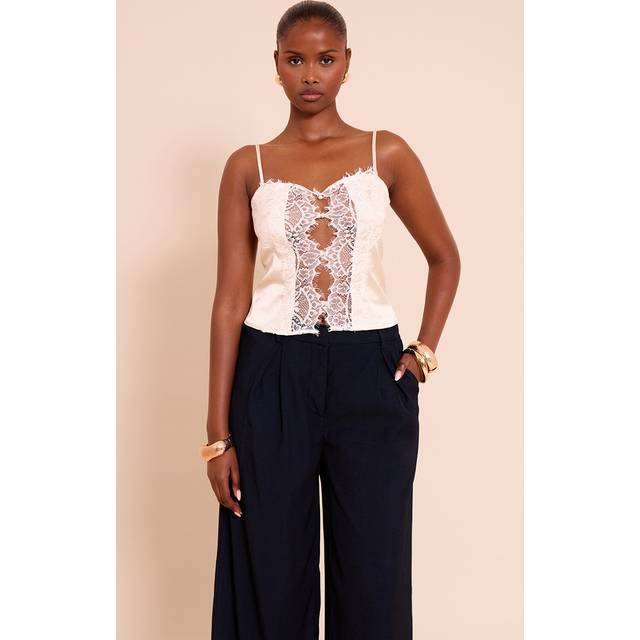 Buttermilk Satin Lace Panel Strappy Cami Top - 10