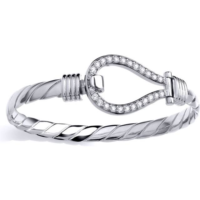 Jewelco London Mens Rhodium Plated Sterling Silver CZ Rope Twist Stirrup Loop Hook Bangle Bracelet 7mm 25mm - GVG227