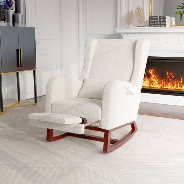 Modern Rocking Chair With Wooden Legs, Extendable Footrest, Wingback, Side Pockets & High Backrest - Light Beige (99cm H X 64cm W X 67cm D)