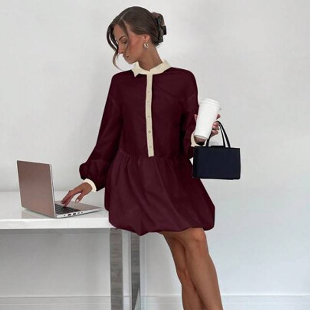 SHEIN Women Floral Pleat Mini Shirt Dress With Long Sleeves, Button Collar White Ruffle Short Dress