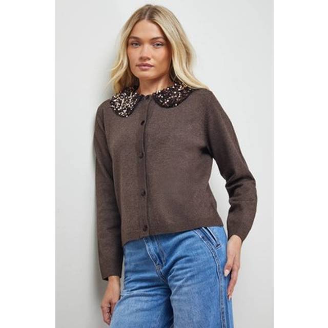 Oasis Sequin Collar Cardigan In Brown - brown