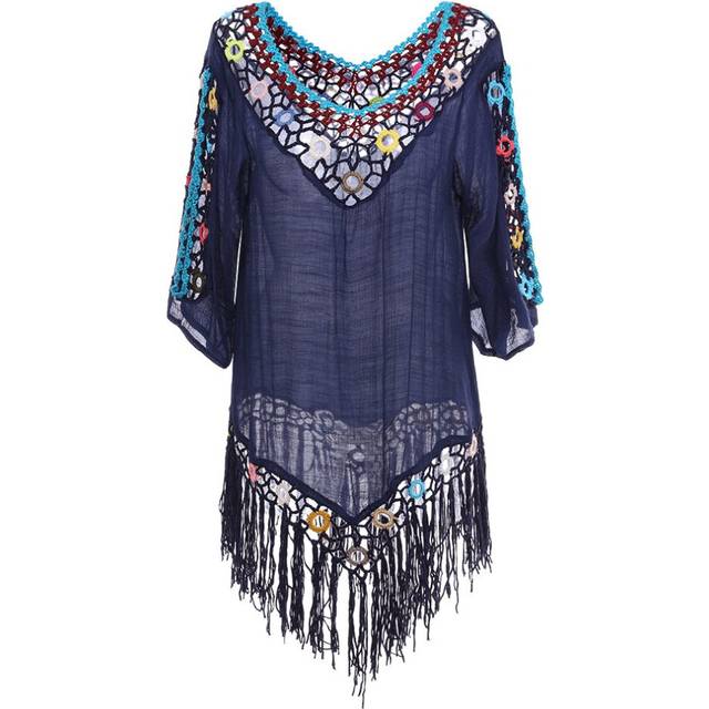 (Royal Blue) Tassel 3D Hook Flower Beach Sun Protection Cover-Ups