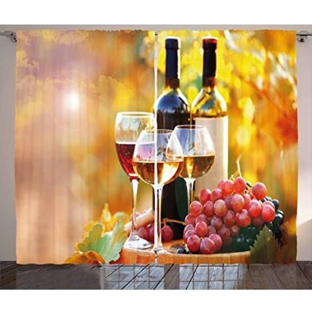 Wine Curtains by Ambesonne, Tasty Wine on Wooden Barrel on Grape Plantation Countryside Harvest Rural Growth, Living Room Bedroom Window Dra