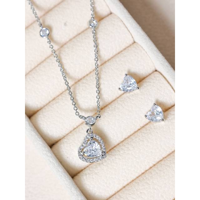 Jon Richard Rhodium Plated And Cubic Zirconia Heart Drop Set - Gift Box In Silver - One Size