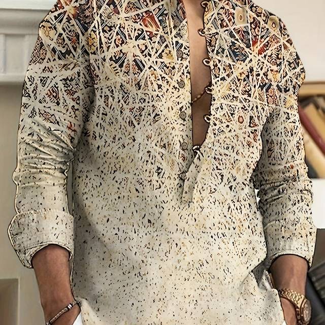 TEMU Men's Casual Printed Button Up Long Sleeve Henley Shirt For Spring And Fall