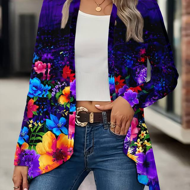 TEMU 1pc Women's Floral Print Long Sleeve Cardigan - Casual Oversized Knit Polyester Cardigan With Cardigan Collar For Fall/winter - Print Long Length Outerwear