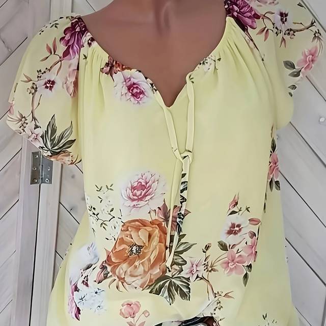 TEMU Women's Floral Print V-neck Blouse With Tie-front Detail - Casual Short Sleeve Button-up Shirt For Spring/summer/fall, Light Blue , Vacation Or Everyday Wear, Floral Print Blouse