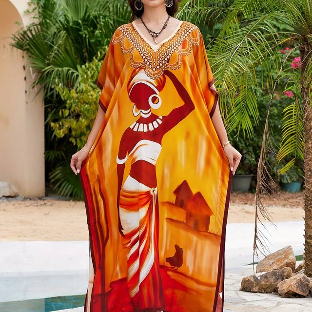 TEMU Women's Summer Beach Kaftan Robe Made Of Viscose, Printed Beach Cover-up, Long Robe, Bikini Cover-up Jacket.