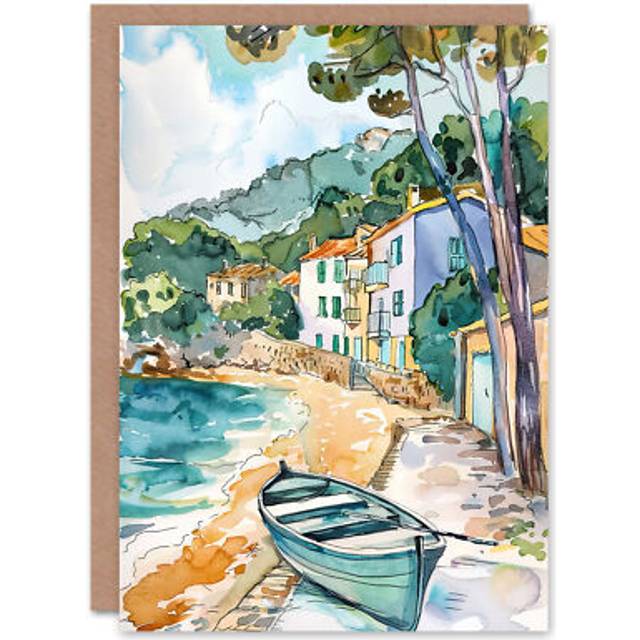 Greeting Card Costa Brava Seaside Shore Boat Spain Watercolour Holiday