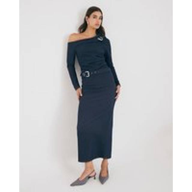 River Island Womens Blue Denim Belted Midi Skirt