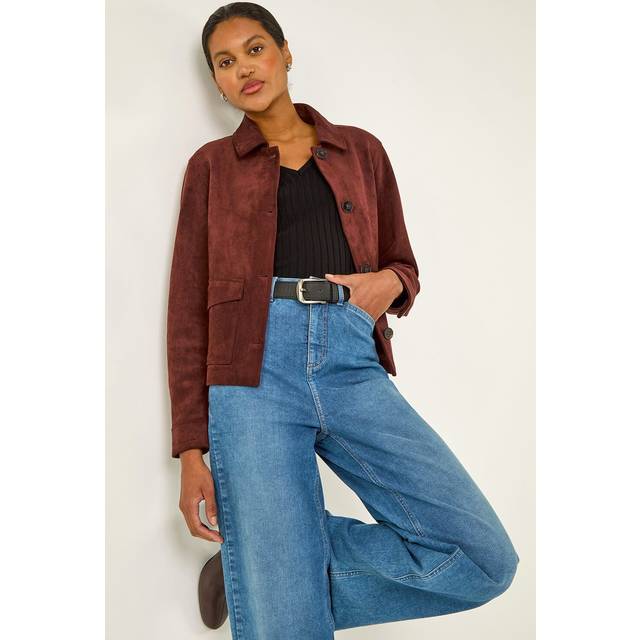 Faux Suede Button Jacket - Burgundy - 14