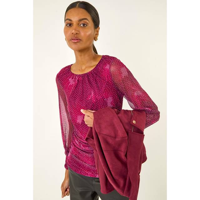 Printed Stud Mesh Stretch Top - Pink - 18