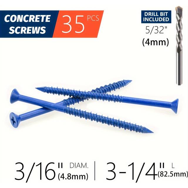 TEMU 35pcs 3/16" X 3-1/4" Concrete Screw Anchors With Drill Bit - Blue Screws For Masonry, Brick, Block, Cement, Stucco