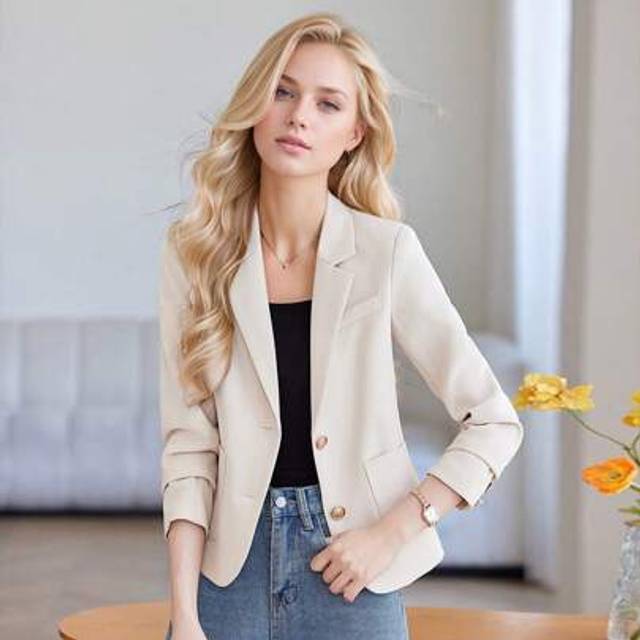 SHEIN Beige Blazer Jacket For Women, High-Quality Casual Chic Versatile Small Suit Jacket, Spring/Autumn 2025 New Arrival
