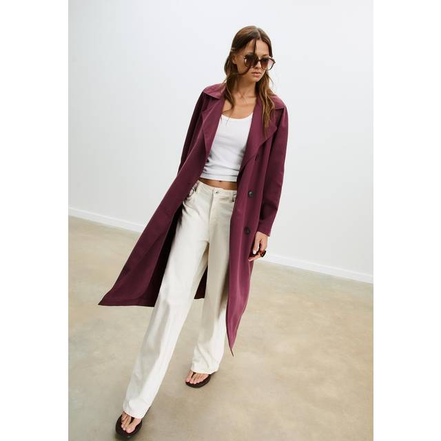 Stradivarius – Vinröd, lång trenchcoat i oversize med ledig passform