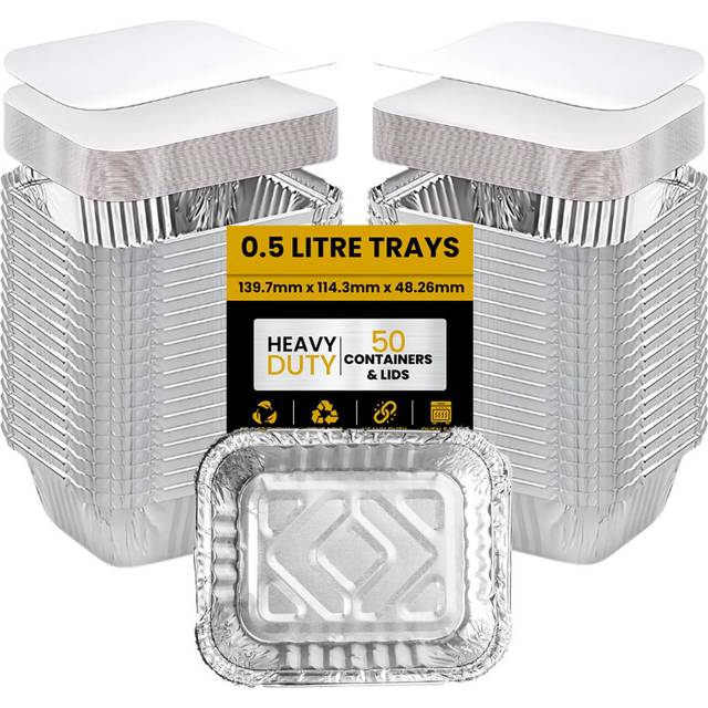 Superior Pack of 50 Aluminium Foil Containers with Lids - 0.5L Meal Prep Food Trays, Foil Trays for Baking, Roasting, Takeaway containers & Storage -