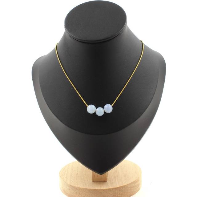 Necklace 3 Beads Chalcedony Blue 8 Mm. Chain Steel Golden Stainless Necklace