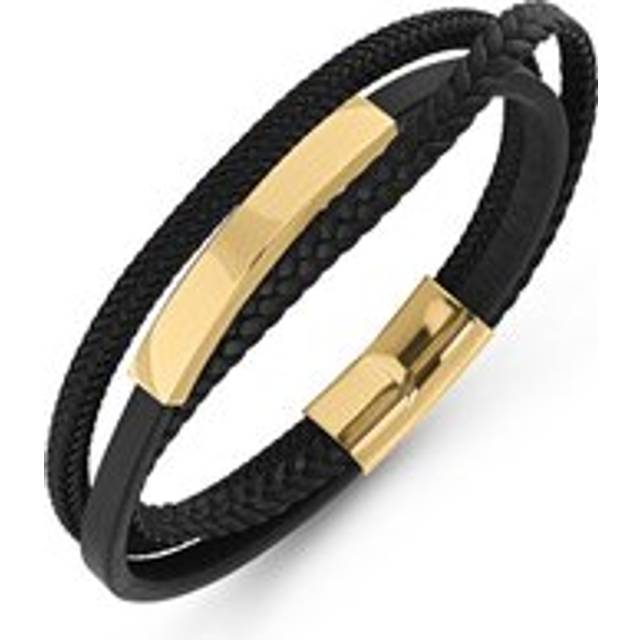 Yellow Gold Plated Leather Men's Bracelet - Stainless Steel/Gold