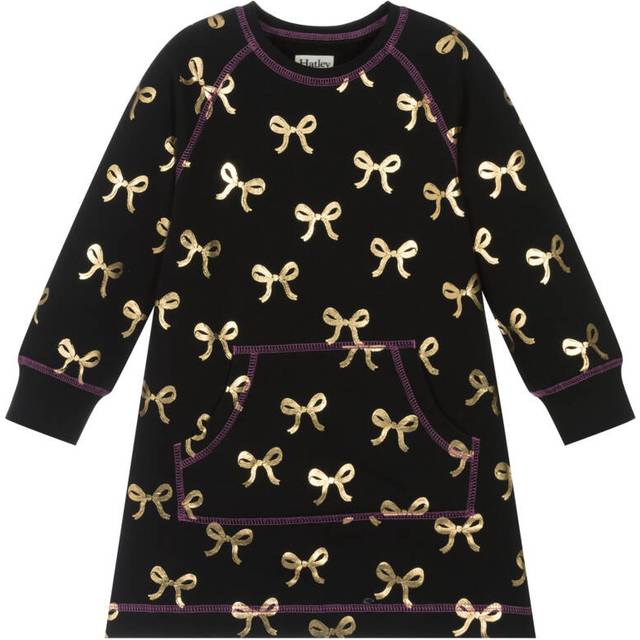 Hatley Girls Black & Gold Bows Cotton Sweatshirt Dress - 6 year