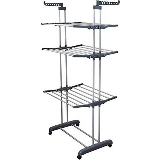 BONBON 3 Tier Clothes Drying Rack Folding Laundry Dryer Hanger Compact Storage Steel Indoor Outdoor (Gray/White)
