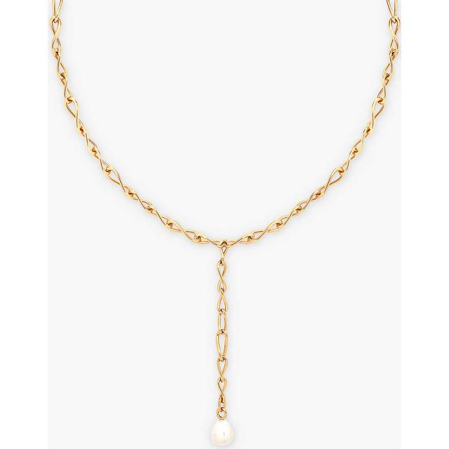Womens Astrid & Miyu Infinite Rhodium-Plated Sterling-Silver and Freshwater-Pearl Lariat Necklace