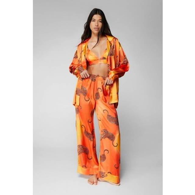 Nasty Gal Women's Satin Leopard 3pc Shirt Bralette & Pants Pajama Set in Orange | Size: 4