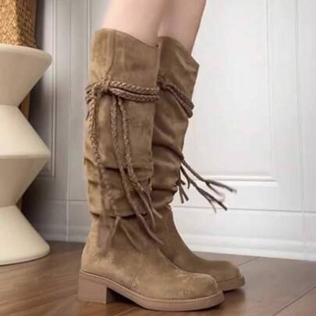 SHEIN Fall/Winter 2025 New Retro Distressed Fringe Knee High Boots For Women, Chunky Heel Rider Boots, Tall Shaft Slouchy Boots,Party
