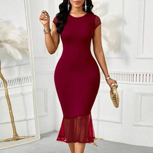 SHEIN 2025 New Women&#39;s Burgundy  Solid Color Dark Red Round Neck Mesh Patchwork Flared Hem Fitted Elegant Dress  Halloween Costumes Chic Dress