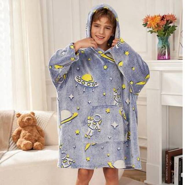 SHEIN Tween Boy Astronaut & Planet Graphic Hooded Long Sleeve Kangaroo Pocket Plush Long Pajamas For Autumn/Winter