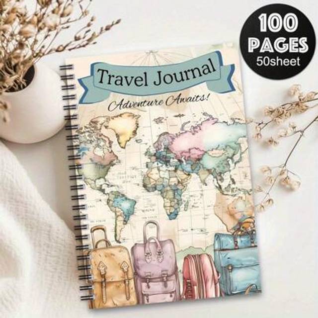 SHEIN 1pc Retro Spiral Bound Travel Notebook - World Map Diary With Luggage Illustrations, &#34;Travel Diary&#34; Design, Perfect For Journaling, Country Records, S