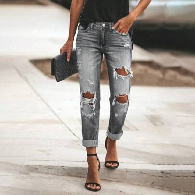 SHEIN Ripped Straight-Leg Jeans, Women&#39;s Fashion Elastic High-Waisted Long Pants
