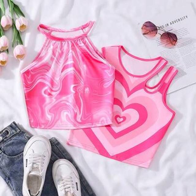 SHEIN 2pcs Girls&#39; Casual Cute Elegant Sports Style Tie-Dye Camisole & Shorts Set, Spring/Summer