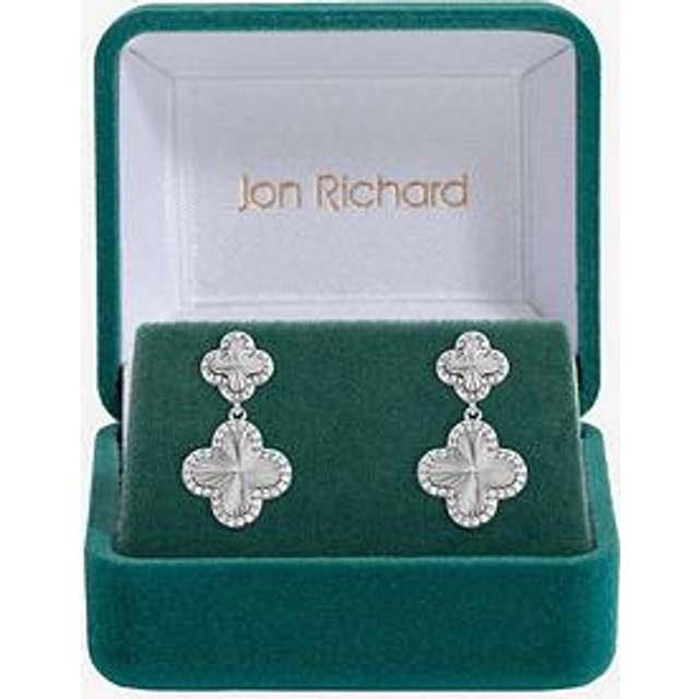 Jon Richard Rhodium Plated and Diamond Clover Double Drop Earrings - Gift Box, Silver, Women - Ilver