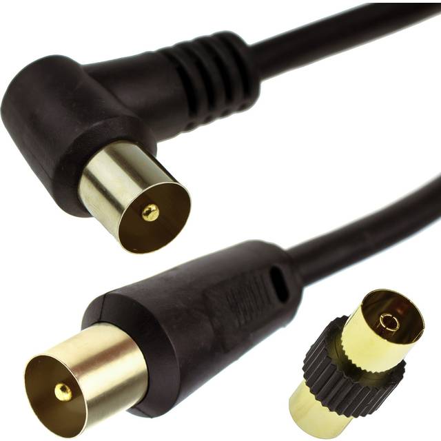 kenable RF Right Angle TV Aerial Freeview Plug Video Cable & Coupler GOLD  1.5m Black