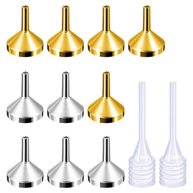 10 Pack Small Metal Funnels with 2 Mini Pipette for Filling Bottles or Containers, Perfume, (Silver)