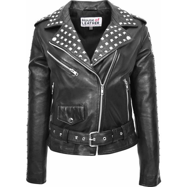 House of Leather Women's Heidi Studded Real Leather Biker Jacket in Black | Size: 10