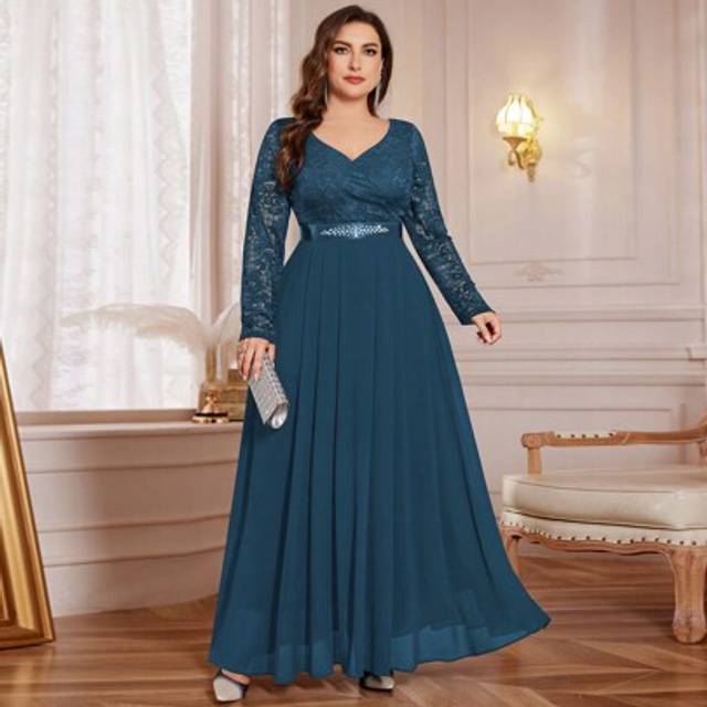 SHEIN Plus V-Neck Floral Lace Contrast Chiffon Rhinestone Ribbon Waist Formal Party Long Dress, Fall Dress, Wedding Guest Dress, For Prom, Festivals, Gradua