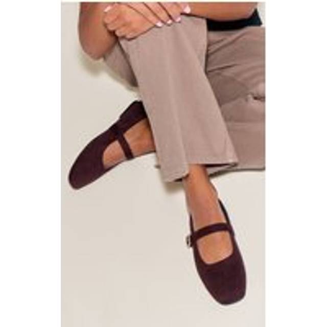Chocolate Faux Suede Square Toe Buckle Ballet Flats, Chocolate - 5