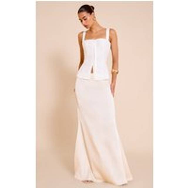 Cream Satin Floaty Maxi Skirt, White - 4