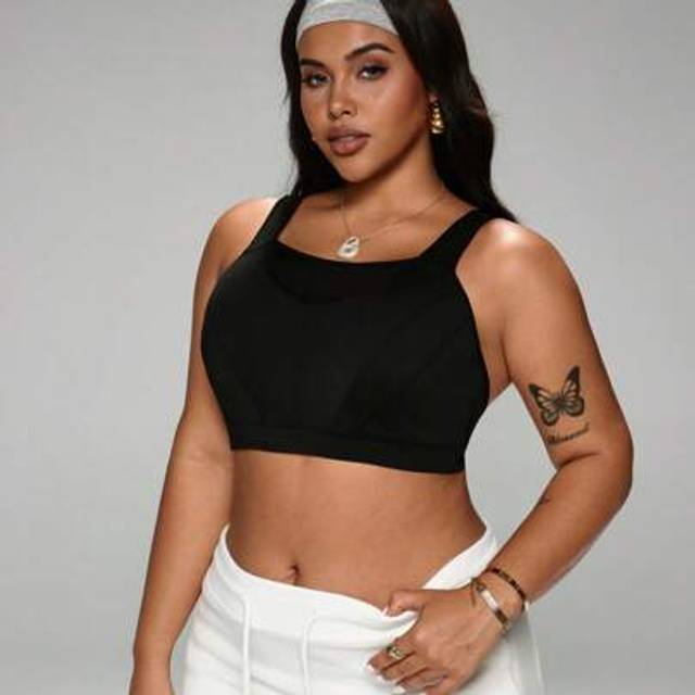 SHEIN Plus Size High Impact Sports Bra, Fixed Cup, Splicing Mesh Back Design, Adjustable Shoulder Straps And Waist Buckle, Supportive And Encapsulating Plus