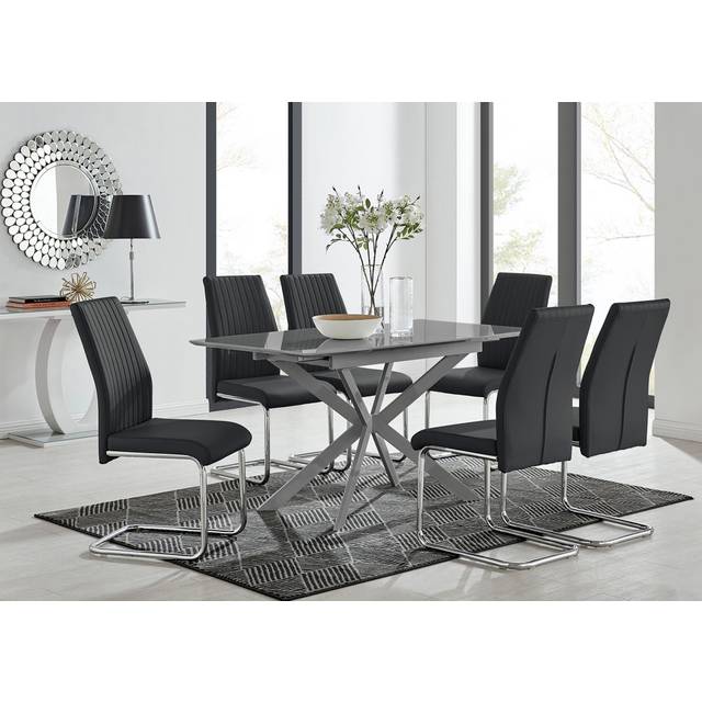 Eubanks Modern High Gloss Extendable Dining Table Set with x6 Luxury Faux Leather Dining Chairs - Black (76cm H x 100cm L x 80cm W)