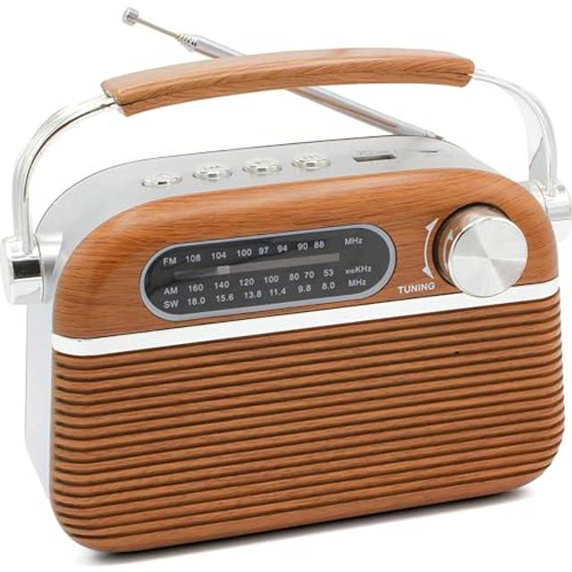 FISHTEC ® - Vintage retro design USB / MP3 / Micro SD-spelare - bärbar - infällbar antenn - batteridriven och nätverksdrift - 20 cm x 12 cm - trä och rostfritt stål mönster